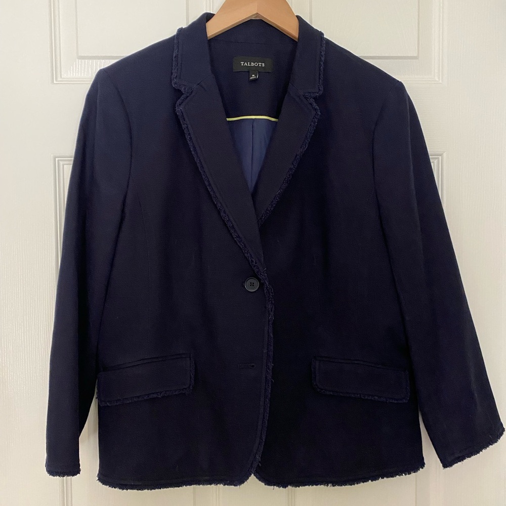 Talbots Classic Navy Blazer with fringe trim, size 16